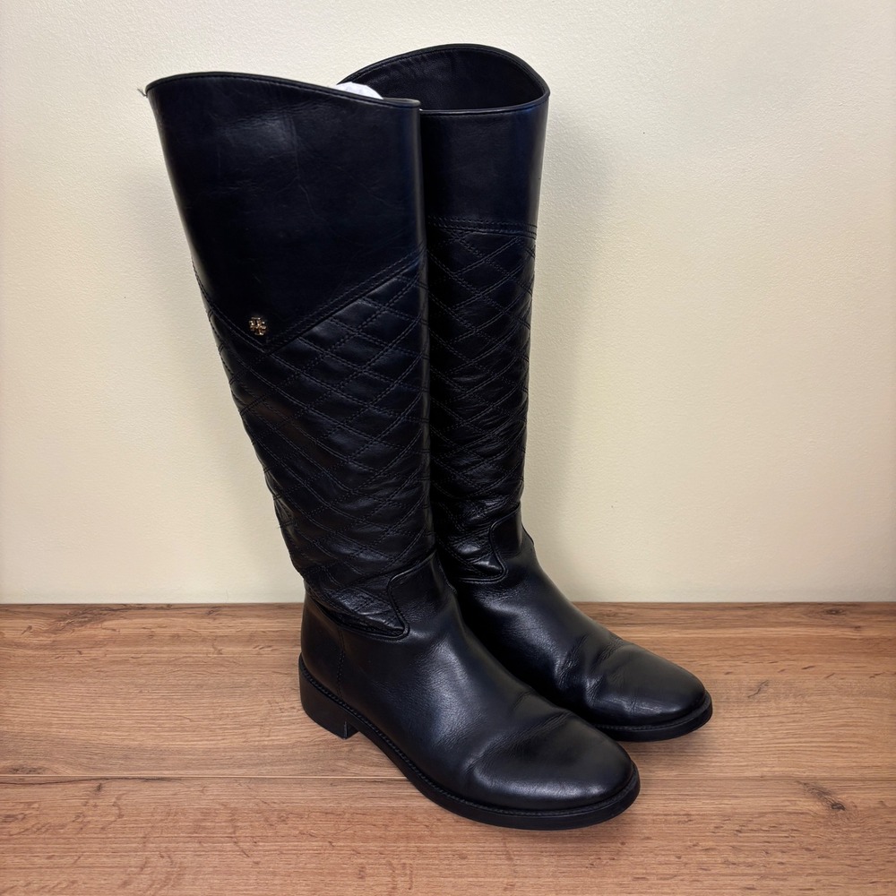 TORY BURCH Claremont Riding Boots Womens Black Size 8.5 Quilted Leather Back Zip
